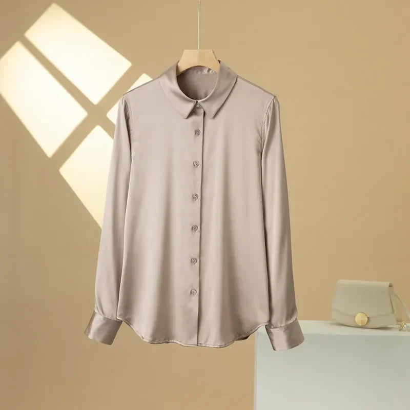 SFELIKY Women's 19mm Mulberry Silk Blouse – Long Sleeve V-Neck Satin Shirt