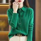 Women's Polo Collar Knitted Cardigan – Elegant Single Breasted Wool Blend Sweater