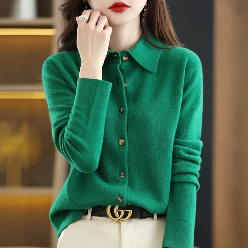 Women's Polo Collar Knitted Cardigan – Elegant Single Breasted Wool Blend Sweater