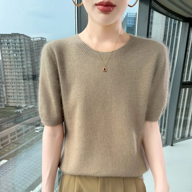 FRSEUCAG Women's 100% Mink Cashmere Short Sleeve Sweater – Elegant O-Neck Knit Pullover