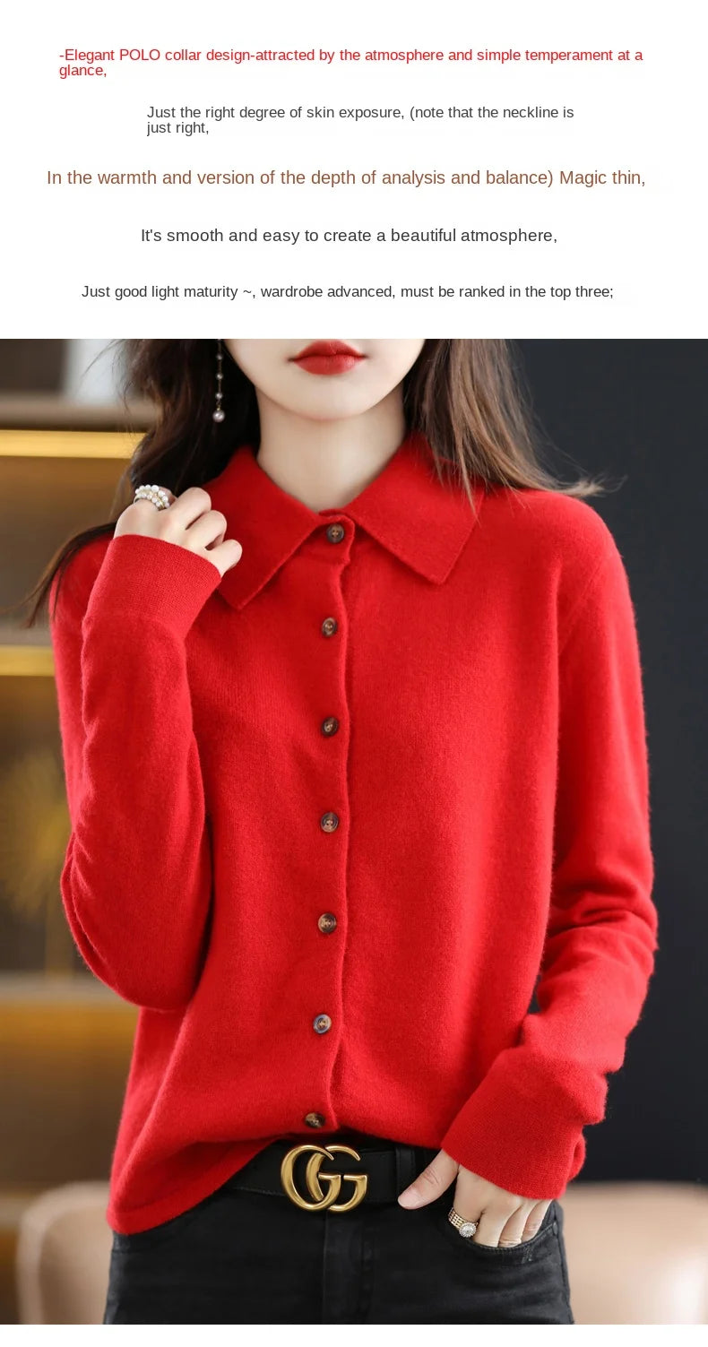 Women's Polo Collar Knitted Cardigan – Elegant Single Breasted Wool Blend Sweater