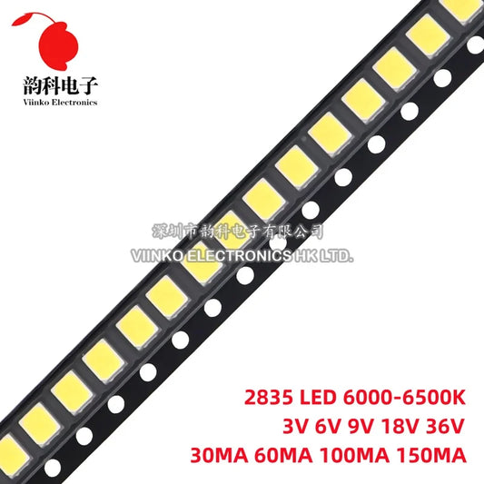 100Pcs High Brightness SMD LED 2835 1W 0.5W 0.2W White 3V 6V 9V 18V 36V 150MA/100MA/30MA/60MA/80MA 6000-6500K