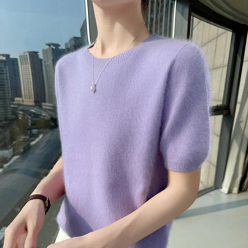 FRSEUCAG Women's 100% Mink Cashmere Short Sleeve Sweater – Elegant O-Neck Knit Pullover