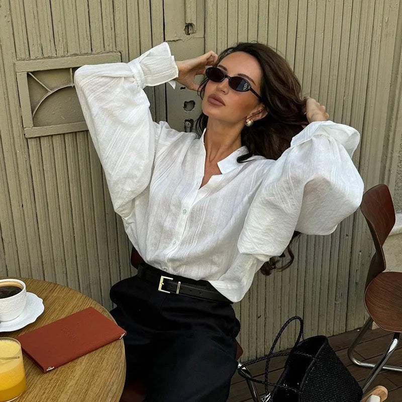Jadoutin Women's Oversized Cotton Blouse – Puff Sleeve Stand Collar Casual Shirt