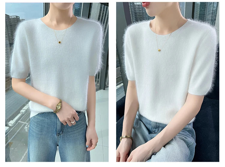 FRSEUCAG Women's 100% Mink Cashmere Short Sleeve Sweater – Elegant O-Neck Knit Pullover