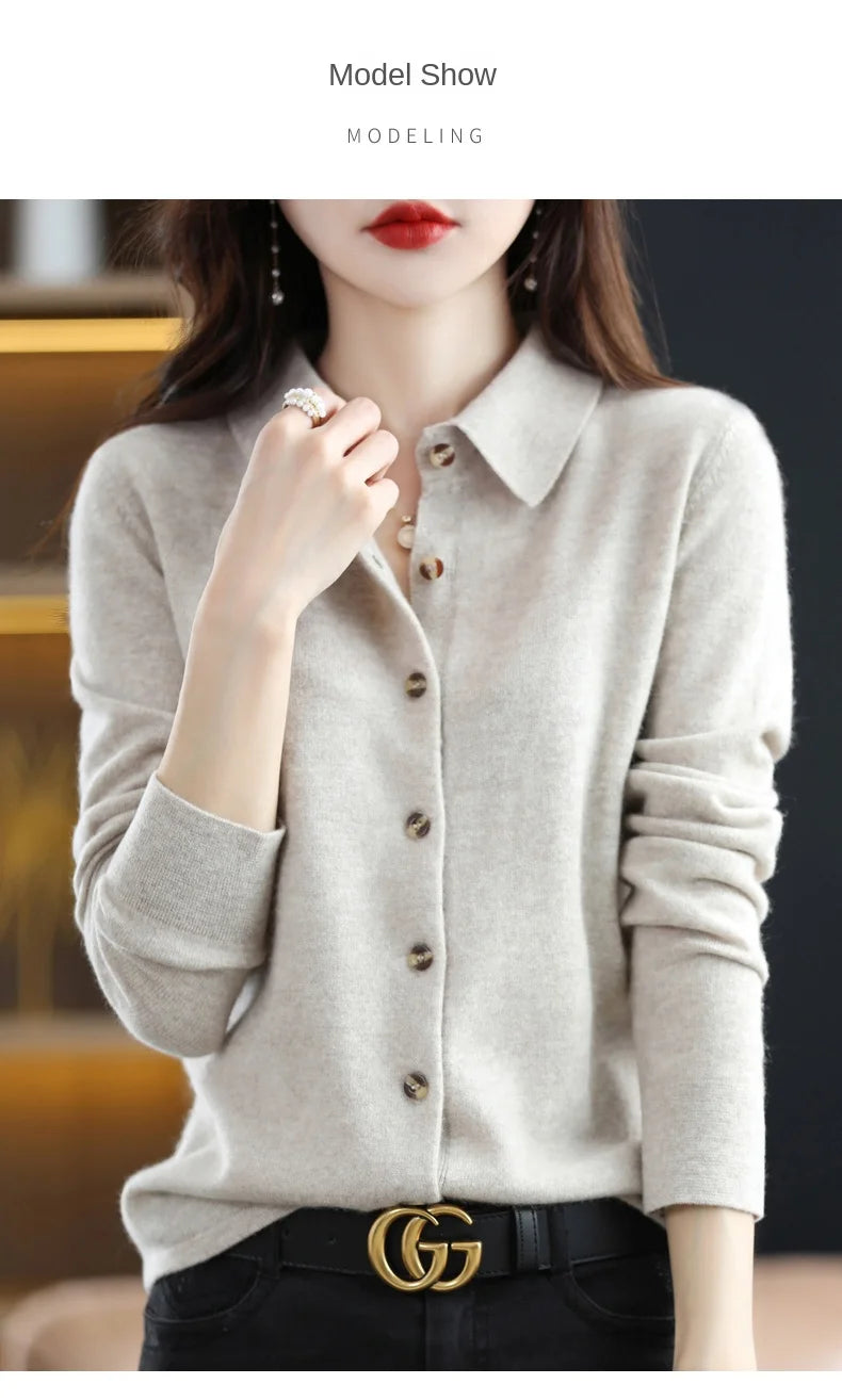 Women's Polo Collar Knitted Cardigan – Elegant Single Breasted Wool Blend Sweater