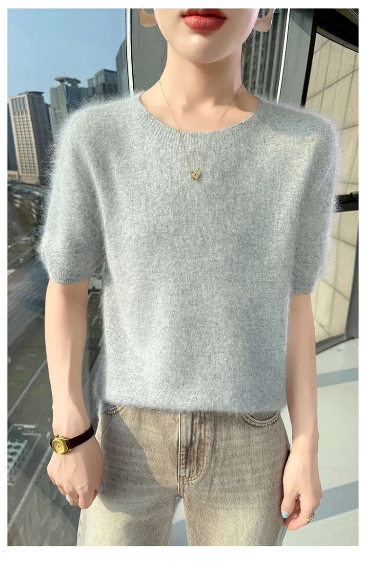 FRSEUCAG Women's 100% Mink Cashmere Short Sleeve Sweater – Elegant O-Neck Knit Pullover