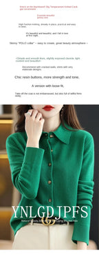 Women's Polo Collar Knitted Cardigan – Elegant Single Breasted Wool Blend Sweater