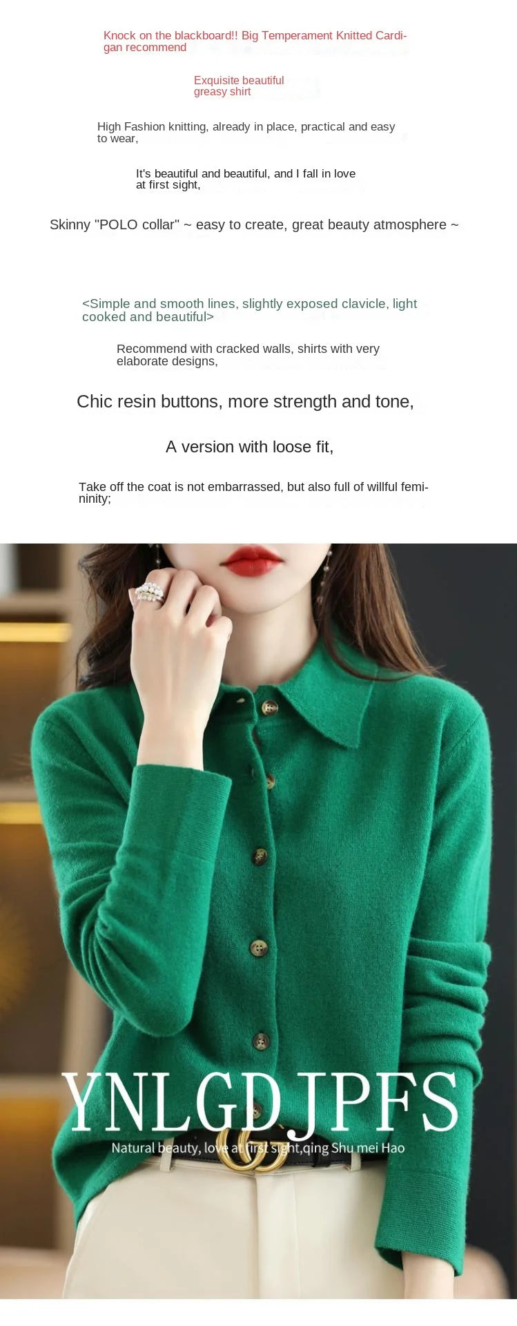 Women's Polo Collar Knitted Cardigan – Elegant Single Breasted Wool Blend Sweater