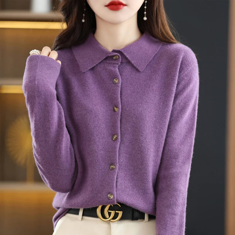 Women's Polo Collar Knitted Cardigan – Elegant Single Breasted Wool Blend Sweater