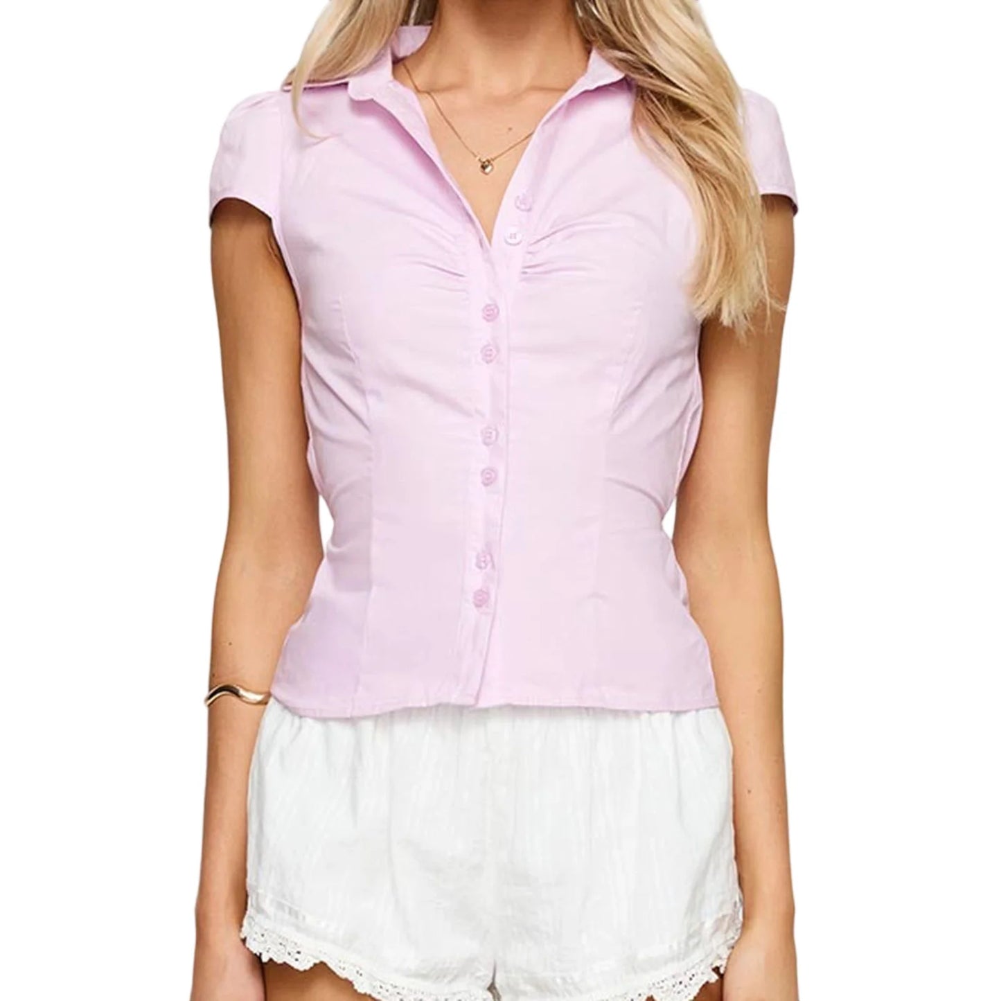 FYBITBO Women's Slim Fit Button-Down Shirt – Cap Sleeve Office Blouse
