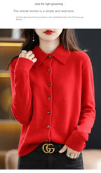 Women's Polo Collar Knitted Cardigan – Elegant Single Breasted Wool Blend Sweater