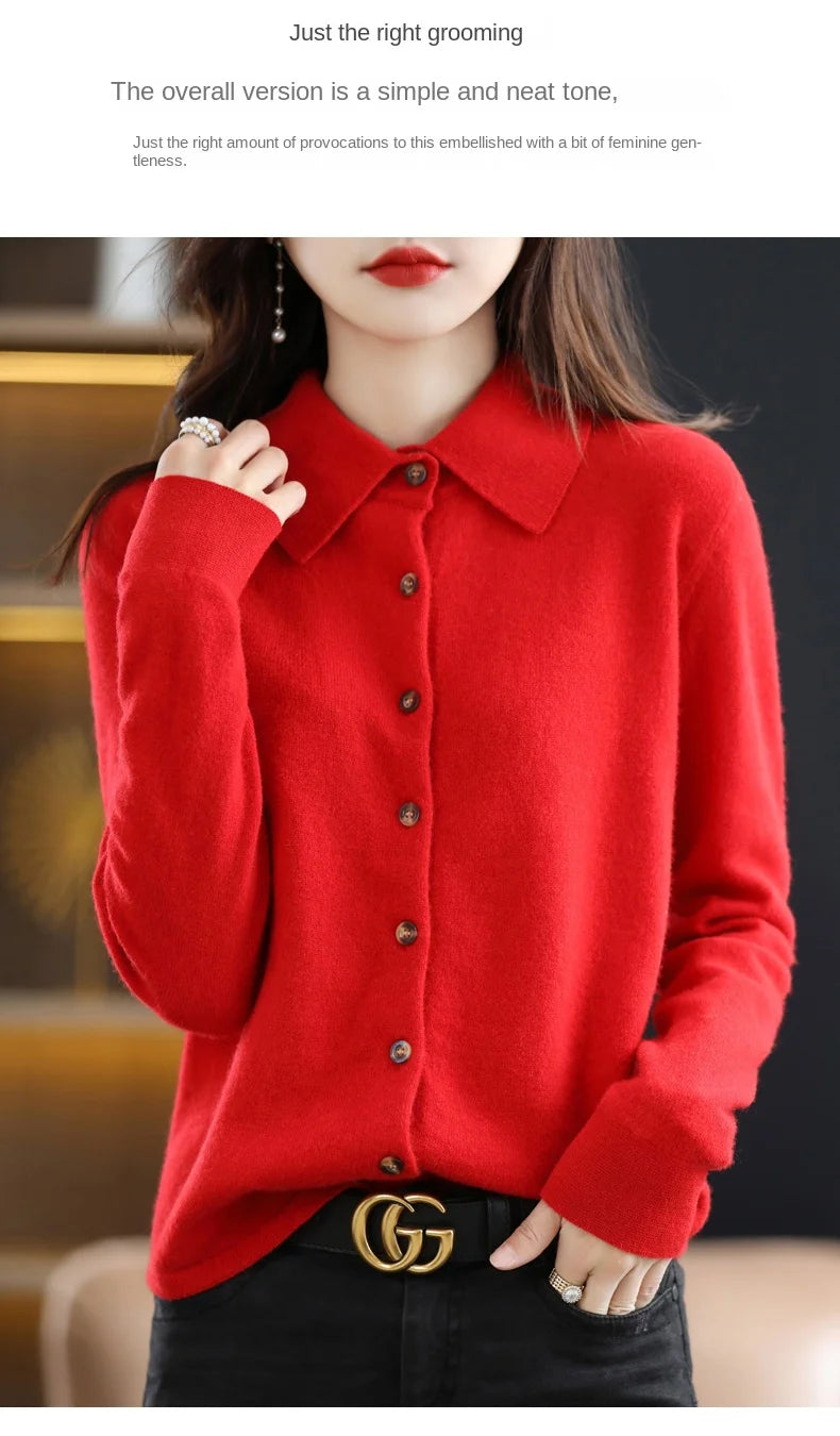 Women's Polo Collar Knitted Cardigan – Elegant Single Breasted Wool Blend Sweater