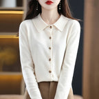 Women's Polo Collar Knitted Cardigan – Elegant Single Breasted Wool Blend Sweater