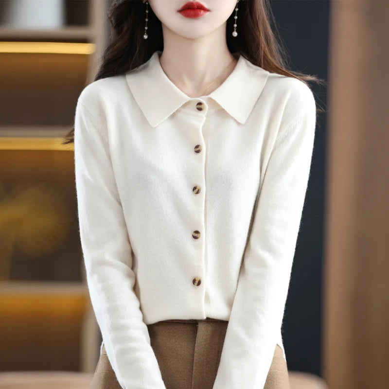 Women's Polo Collar Knitted Cardigan – Elegant Single Breasted Wool Blend Sweater