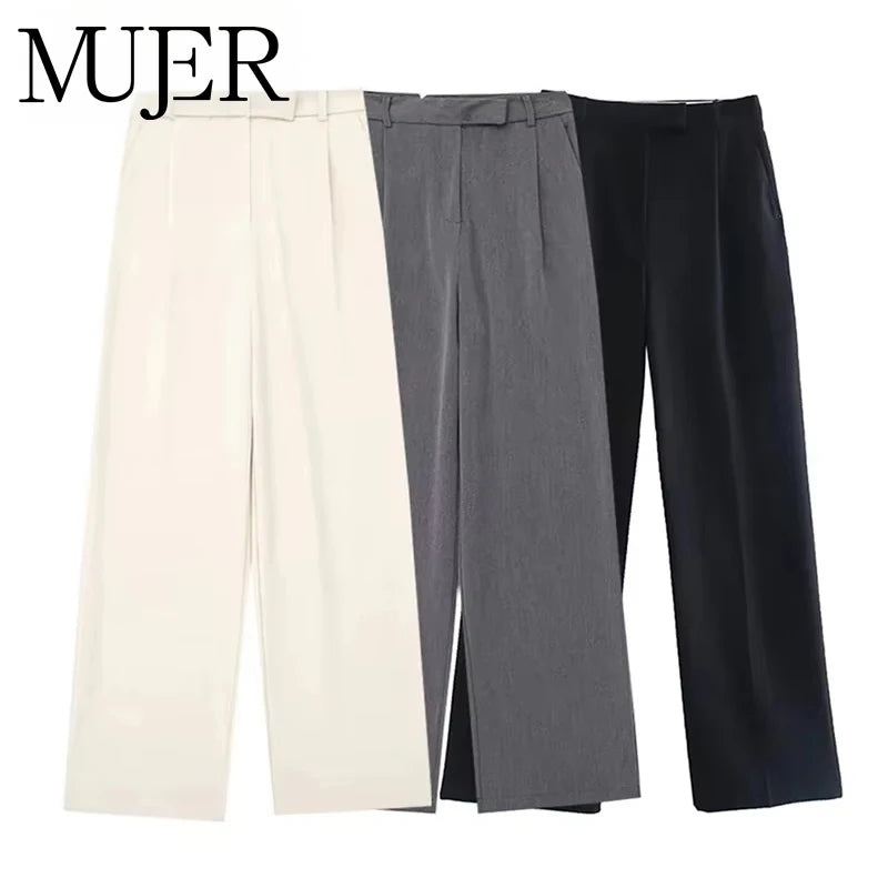 MUJER Women's High Waist Wide Leg Pants – Loose Fit Baggy Trousers for Office & Casual Wear