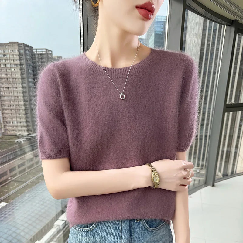FRSEUCAG Women's 100% Mink Cashmere Short Sleeve Sweater – Elegant O-Neck Knit Pullover