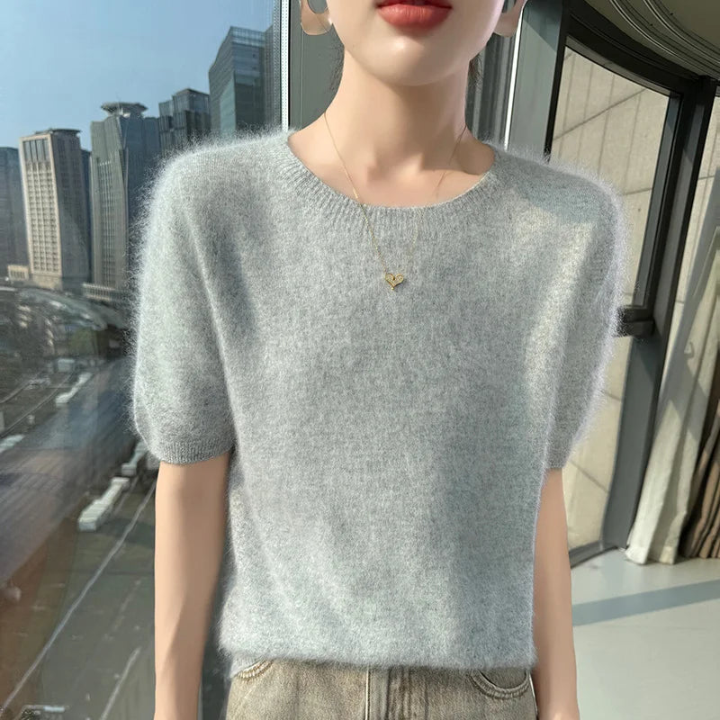 FRSEUCAG Women's 100% Mink Cashmere Short Sleeve Sweater – Elegant O-Neck Knit Pullover