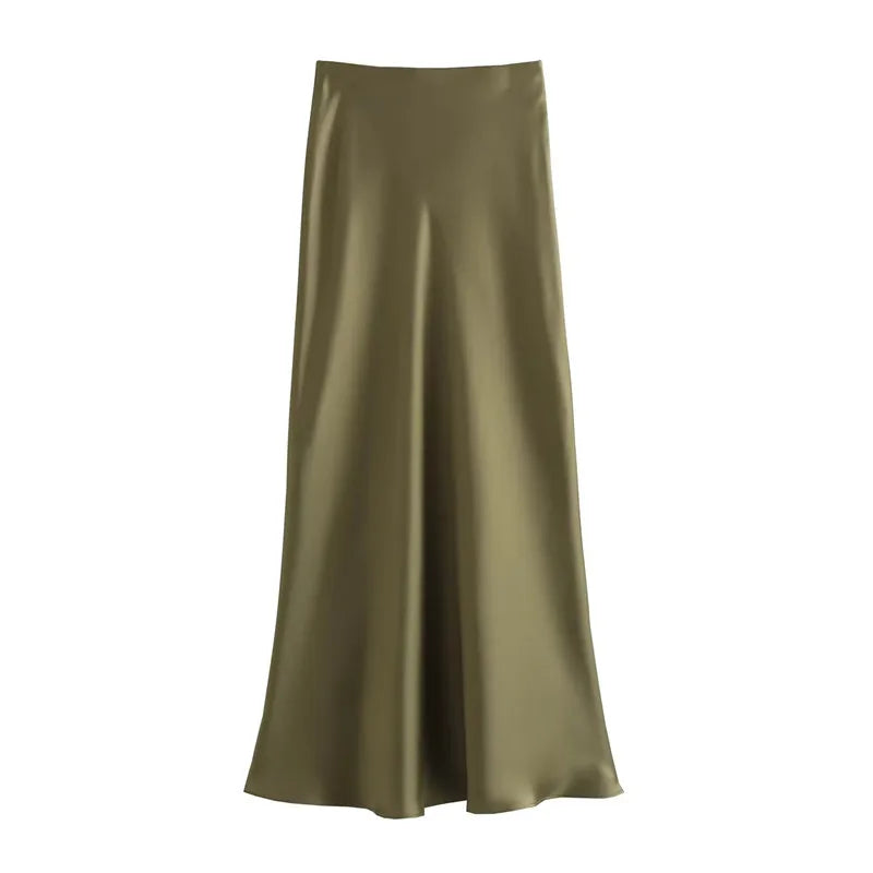 MUJER Women's High Waist Satin Midi Skirt – Elegant Office Bud Skirt