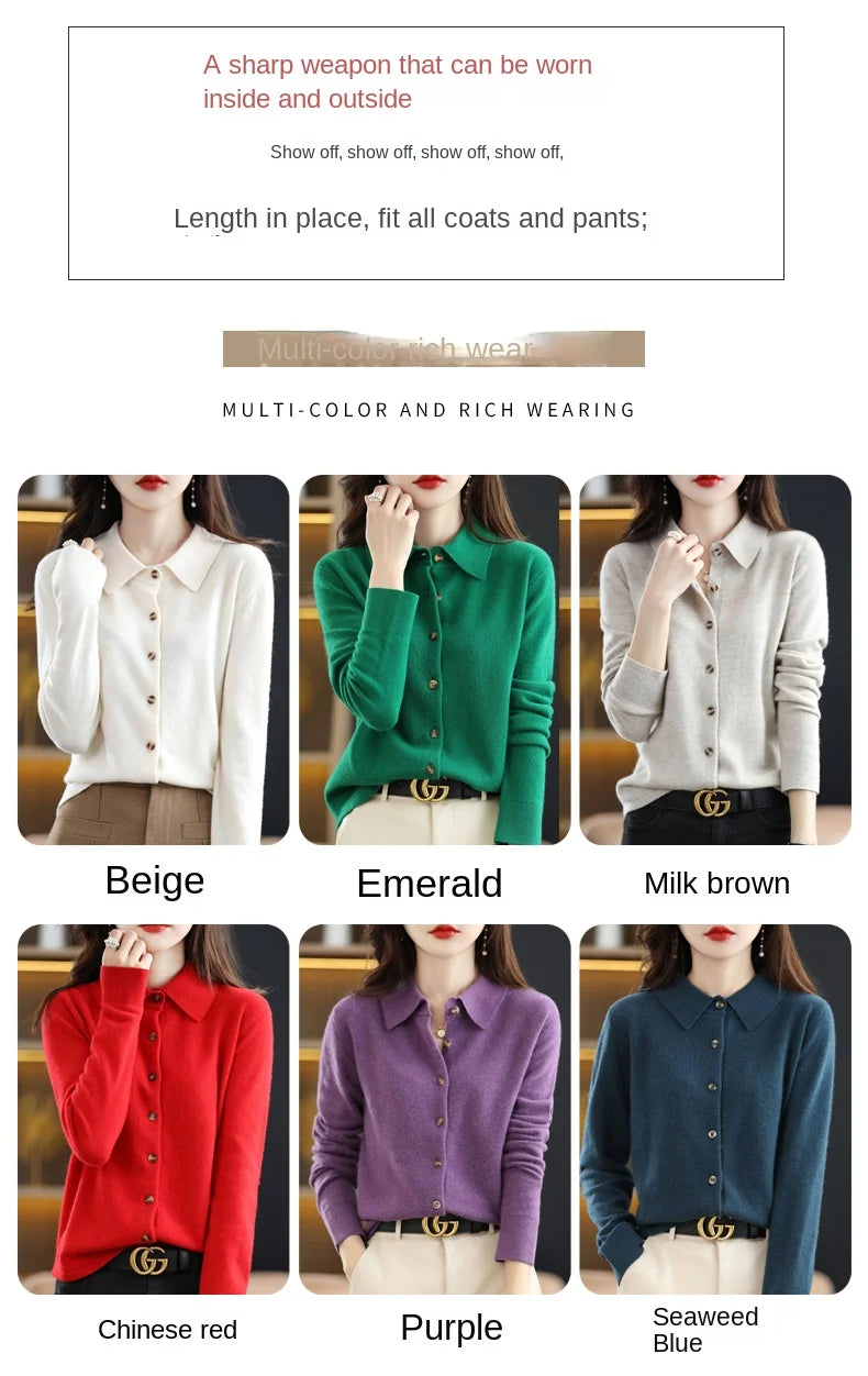 Women's Polo Collar Knitted Cardigan – Elegant Single Breasted Wool Blend Sweater