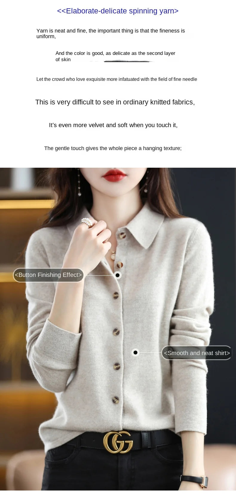 Women's Polo Collar Knitted Cardigan – Elegant Single Breasted Wool Blend Sweater