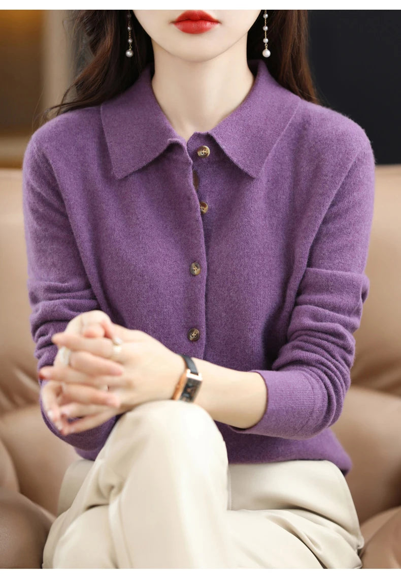 Women's Polo Collar Knitted Cardigan – Elegant Single Breasted Wool Blend Sweater