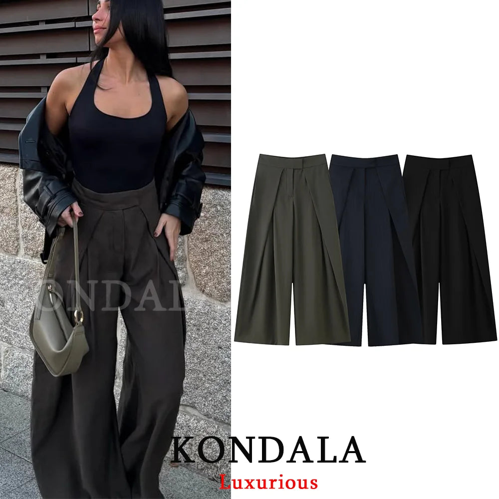 KONDALA Wide Leg Pants for Women – High Waist Pleated Trousers with Pockets