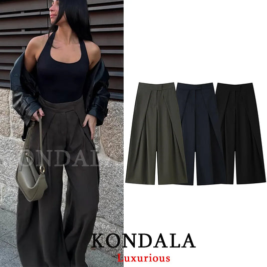KONDALA Wide Leg Pants for Women – High Waist Pleated Trousers with Pockets