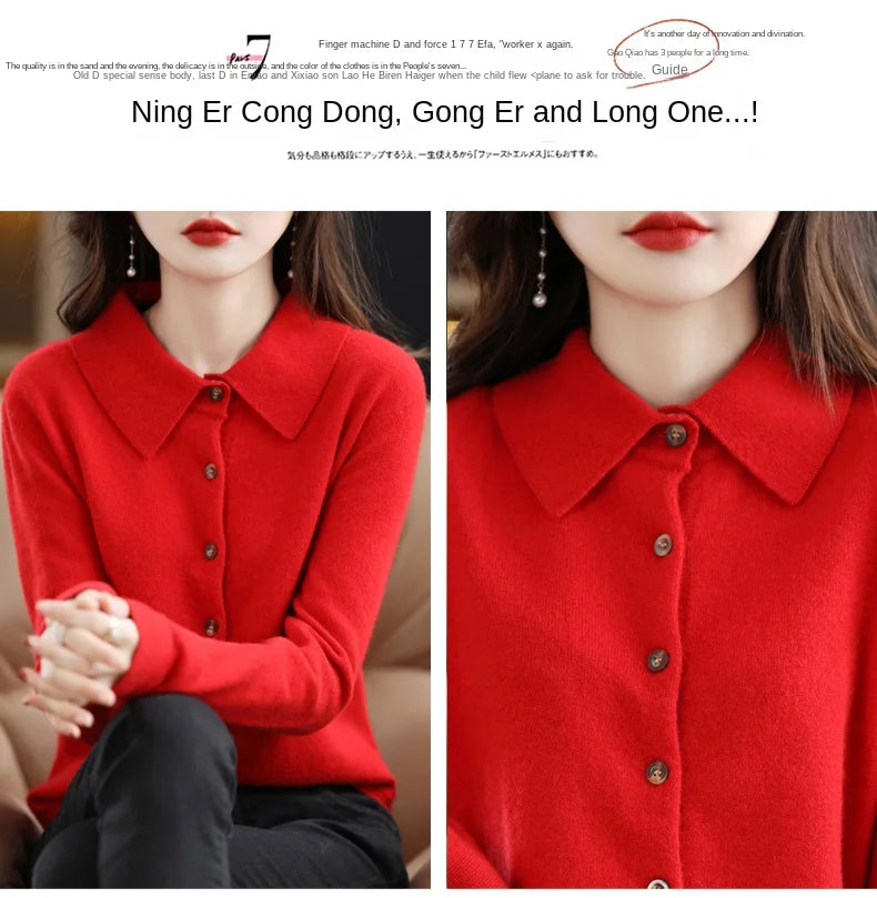 Women's Polo Collar Knitted Cardigan – Elegant Single Breasted Wool Blend Sweater