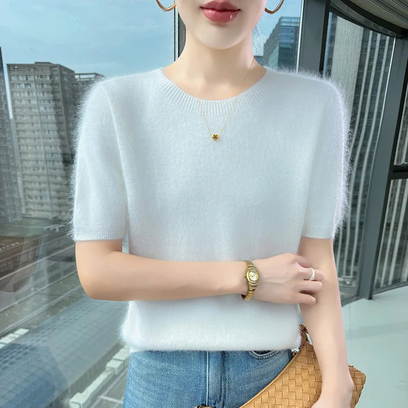 FRSEUCAG Women's 100% Mink Cashmere Short Sleeve Sweater – Elegant O-Neck Knit Pullover