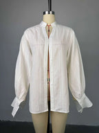 Jadoutin Women's Oversized Cotton Blouse – Puff Sleeve Stand Collar Casual Shirt