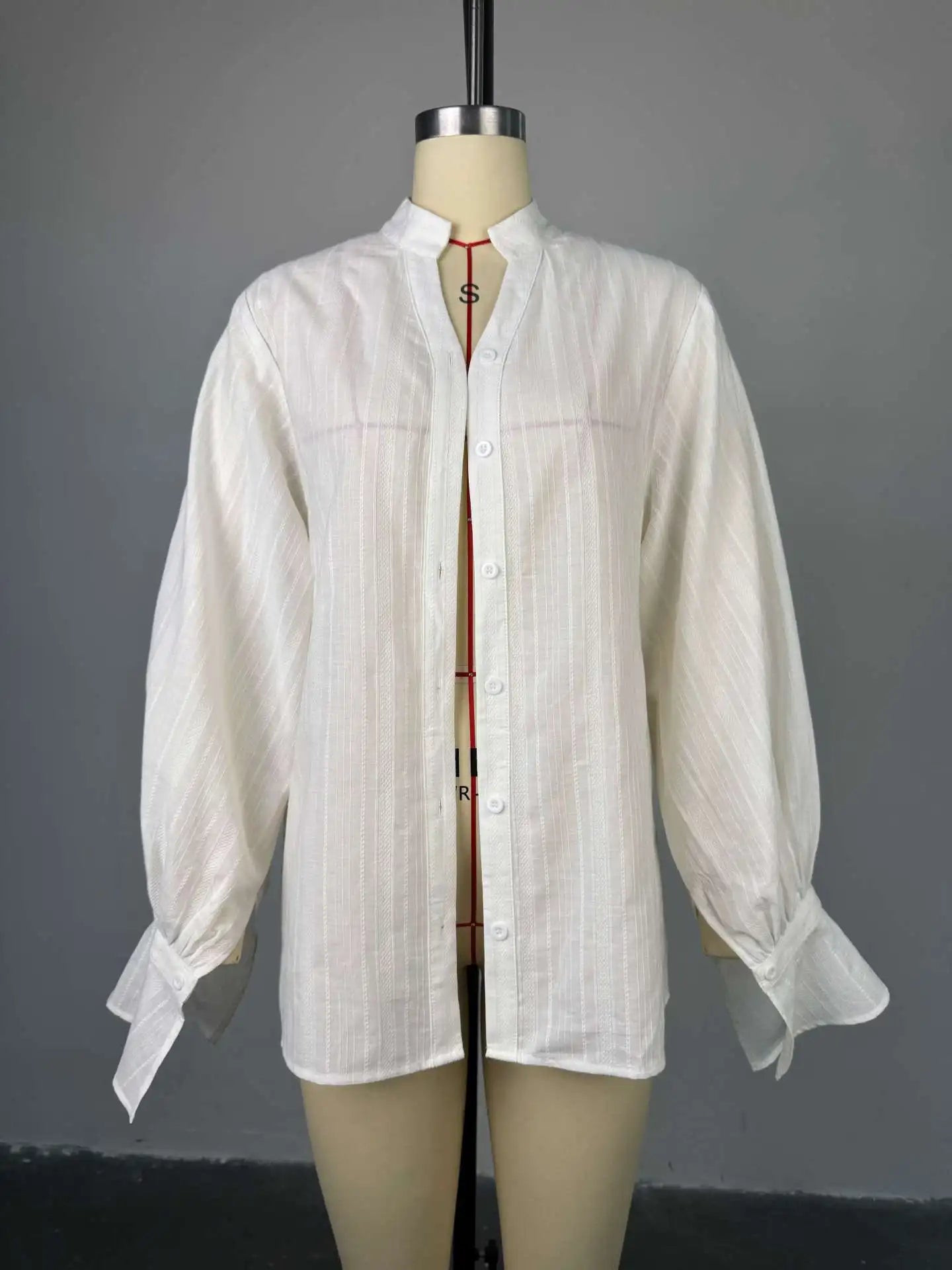 Jadoutin Women's Oversized Cotton Blouse – Puff Sleeve Stand Collar Casual Shirt