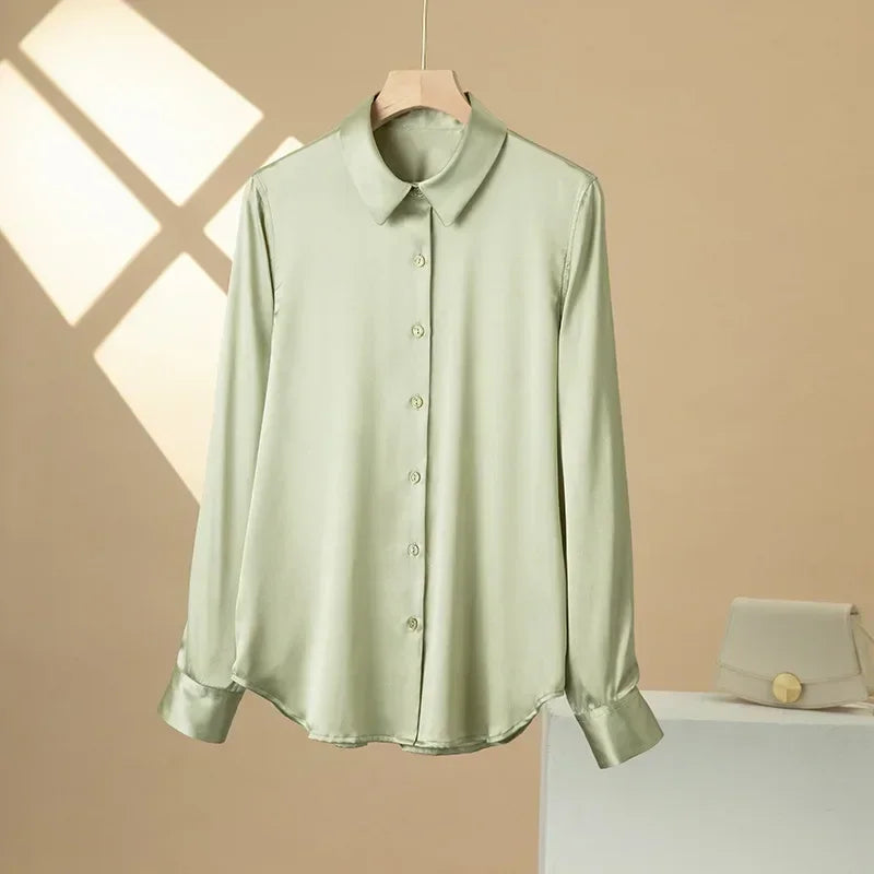 SFELIKY Women's 19mm Mulberry Silk Blouse – Long Sleeve V-Neck Satin Shirt