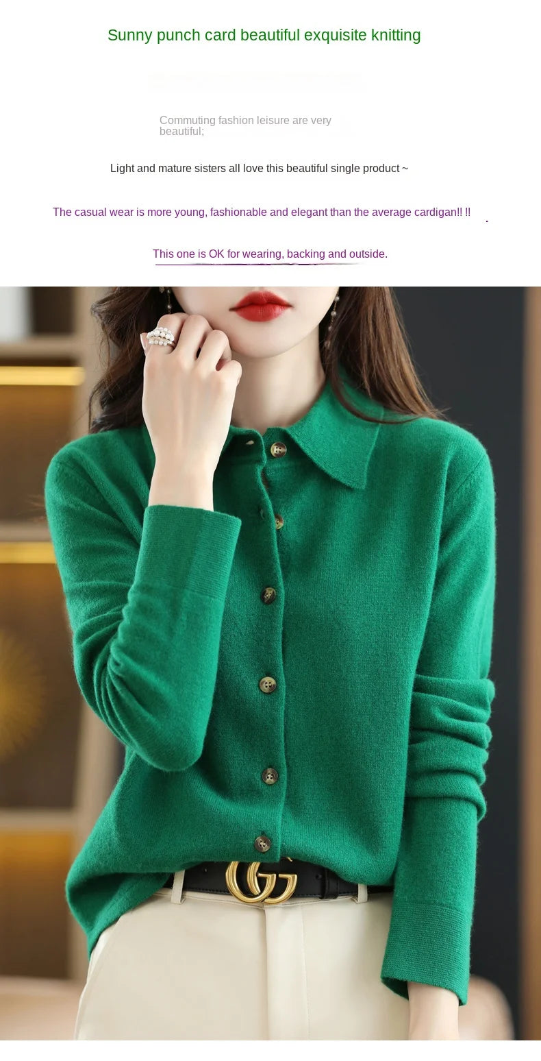 Women's Polo Collar Knitted Cardigan – Elegant Single Breasted Wool Blend Sweater