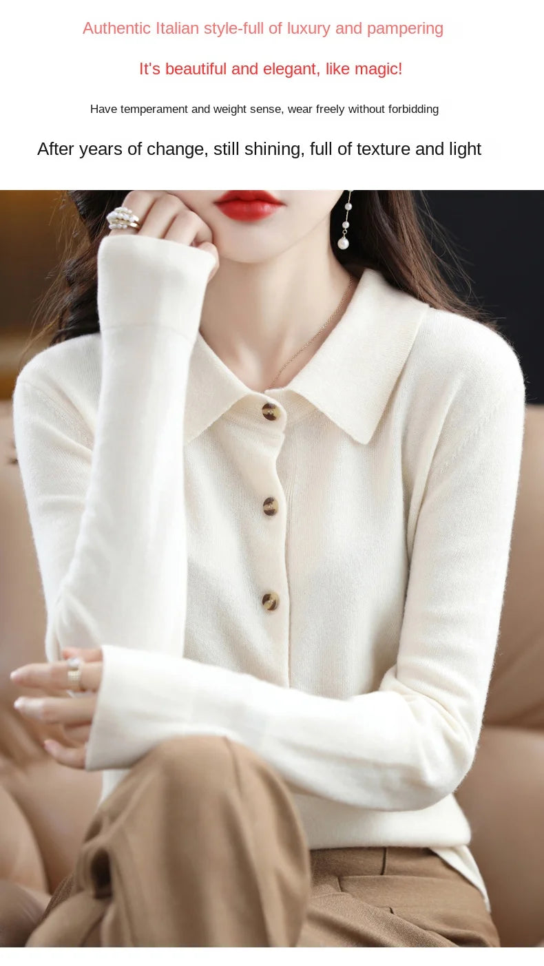 Women's Polo Collar Knitted Cardigan – Elegant Single Breasted Wool Blend Sweater