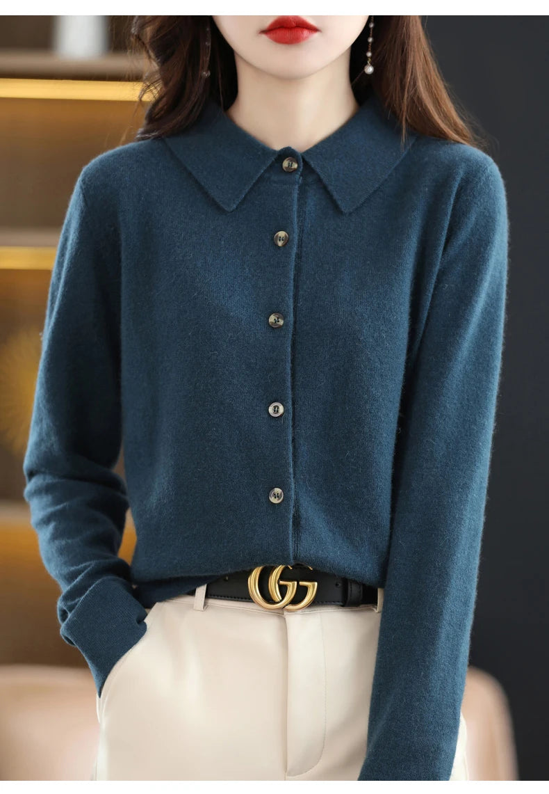 Women's Polo Collar Knitted Cardigan – Elegant Single Breasted Wool Blend Sweater