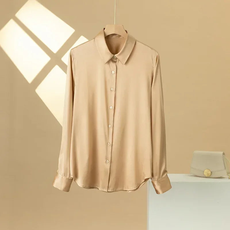 SFELIKY Women's 19mm Mulberry Silk Blouse – Long Sleeve V-Neck Satin Shirt
