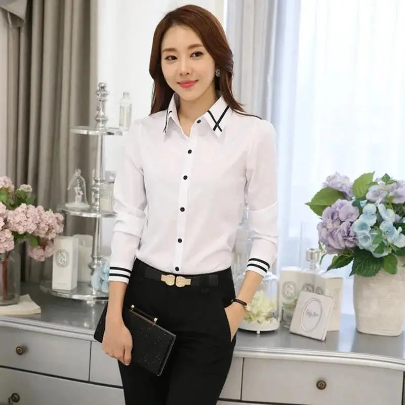 Women's Korean Style Long Sleeve Blouse – Slim Fit Turn-Down Collar Office Shirt