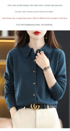 Women's Polo Collar Knitted Cardigan – Elegant Single Breasted Wool Blend Sweater