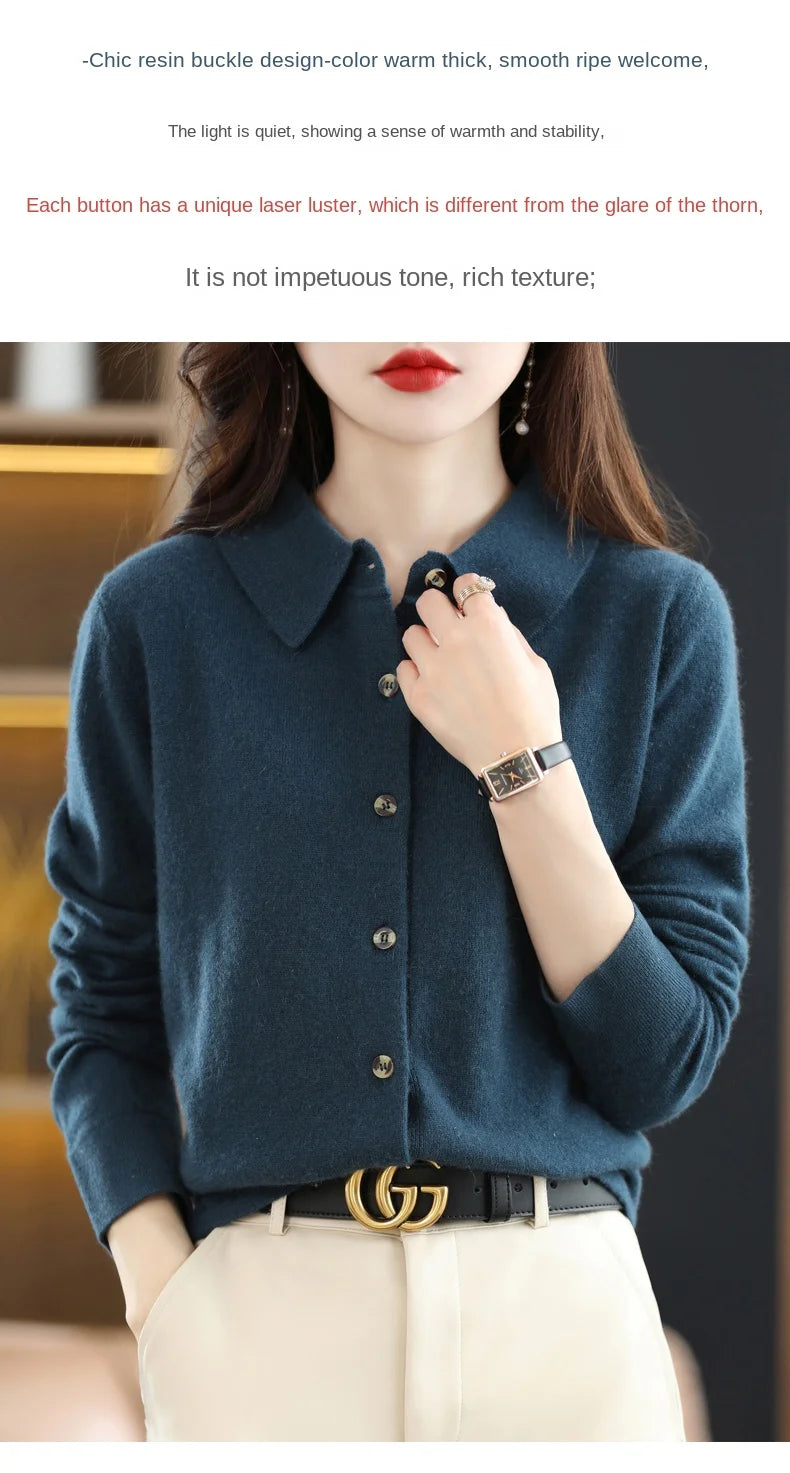 Women's Polo Collar Knitted Cardigan – Elegant Single Breasted Wool Blend Sweater