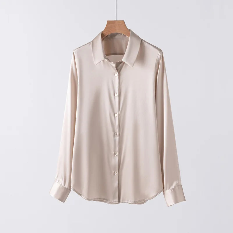 SFELIKY Women's 19mm Mulberry Silk Blouse – Long Sleeve V-Neck Satin Shirt