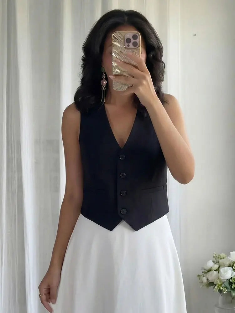 HH Women's Sleeveless Cropped Blazer Vest – Slim Fit V-Neck Office Waistcoat