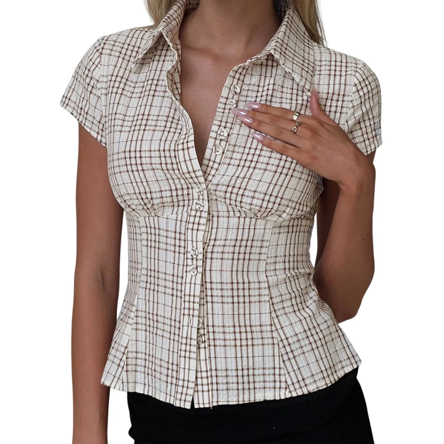 FYBITBO Women's Slim Fit Button-Down Shirt – Cap Sleeve Office Blouse