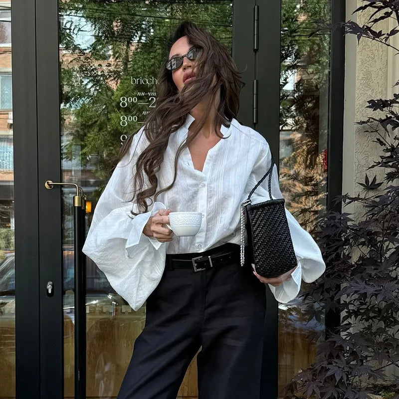 Jadoutin Women's Oversized Cotton Blouse – Puff Sleeve Stand Collar Casual Shirt