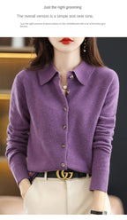 Women's Polo Collar Knitted Cardigan – Elegant Single Breasted Wool Blend Sweater