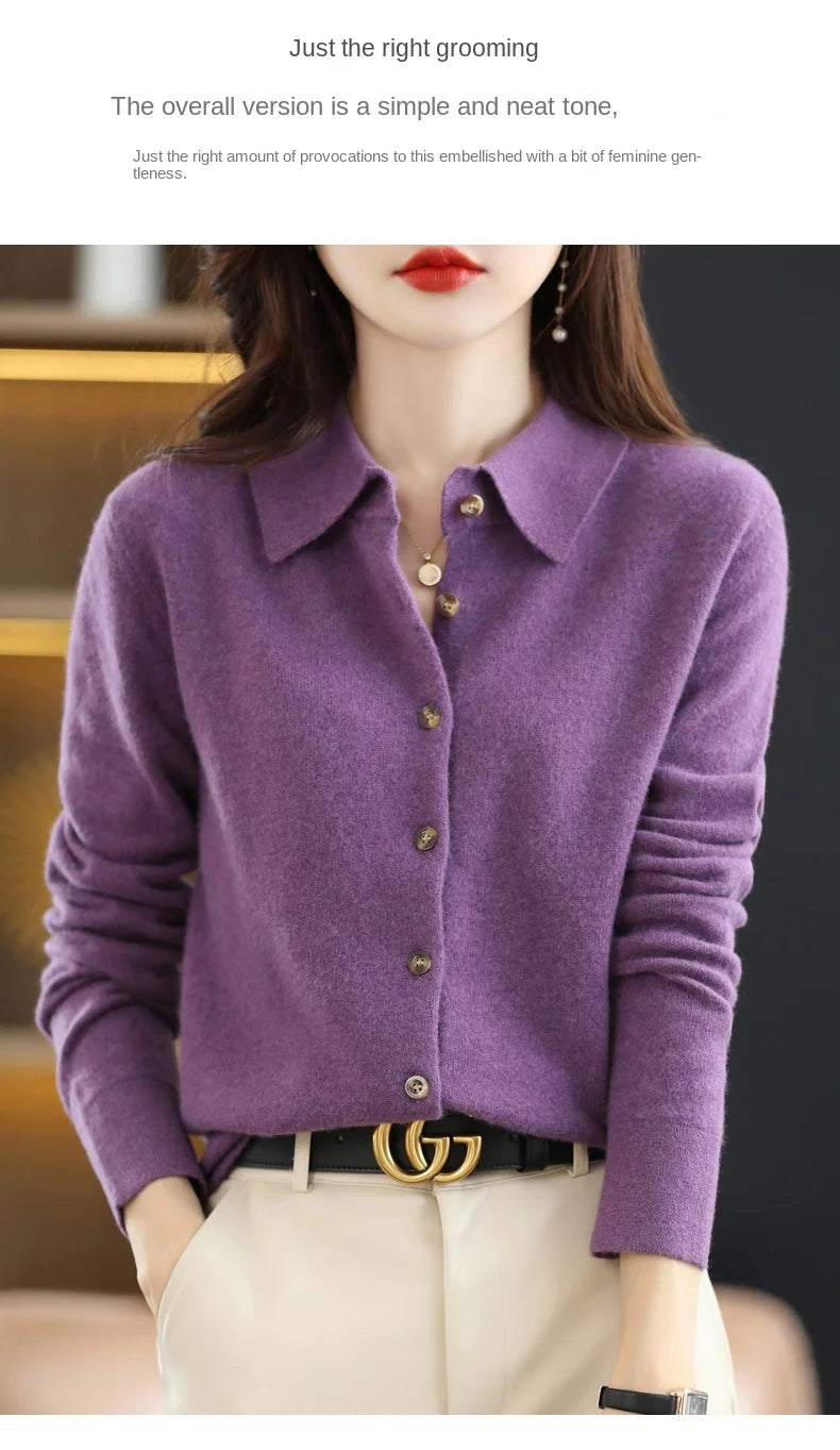 Women's Polo Collar Knitted Cardigan – Elegant Single Breasted Wool Blend Sweater