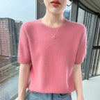 FRSEUCAG Women's 100% Mink Cashmere Short Sleeve Sweater – Elegant O-Neck Knit Pullover