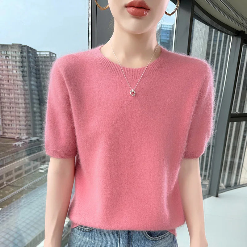 FRSEUCAG Women's 100% Mink Cashmere Short Sleeve Sweater – Elegant O-Neck Knit Pullover