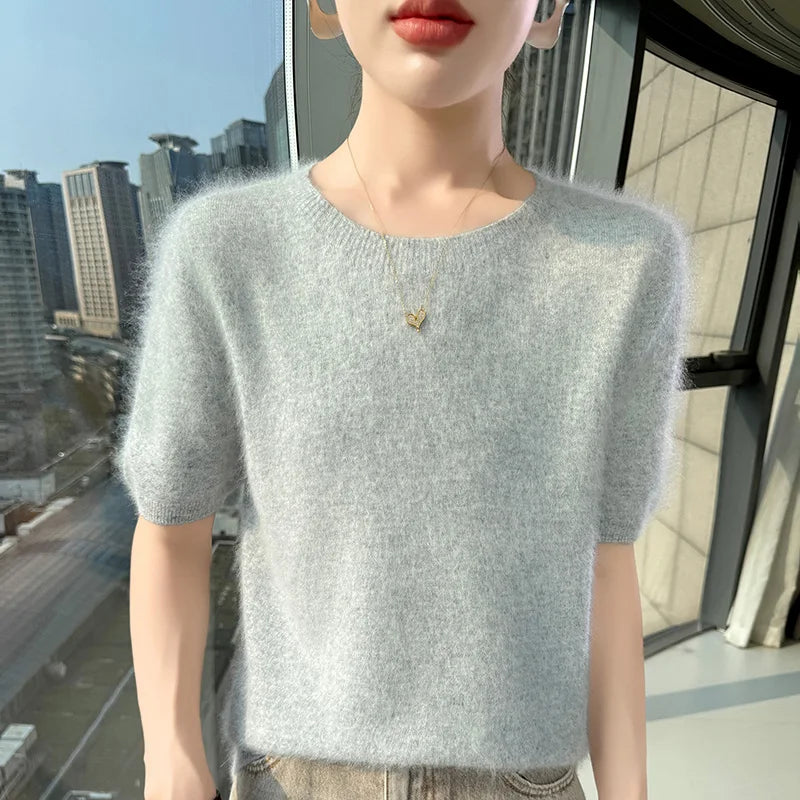 FRSEUCAG Women's 100% Mink Cashmere Short Sleeve Sweater – Elegant O-Neck Knit Pullover