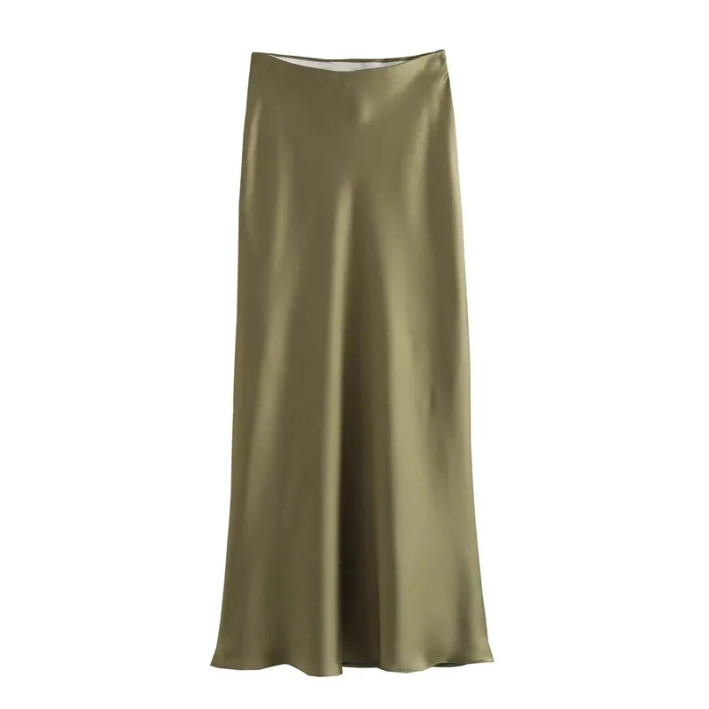 MUJER Women's High Waist Satin Midi Skirt – Elegant Office Bud Skirt